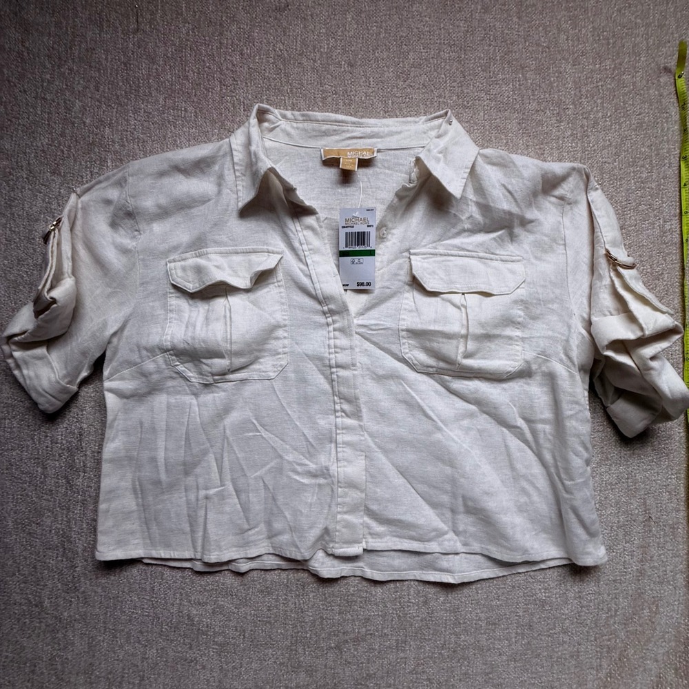 Michael Kors White Linen Cropped Utility Shirt Gold D-Ring QS640YYEU2 NWT L